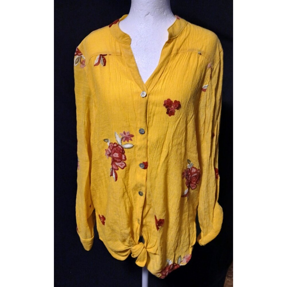 Figueroa & Flower Sunny Yellow Semi Sheer Pink Floral Top Medium